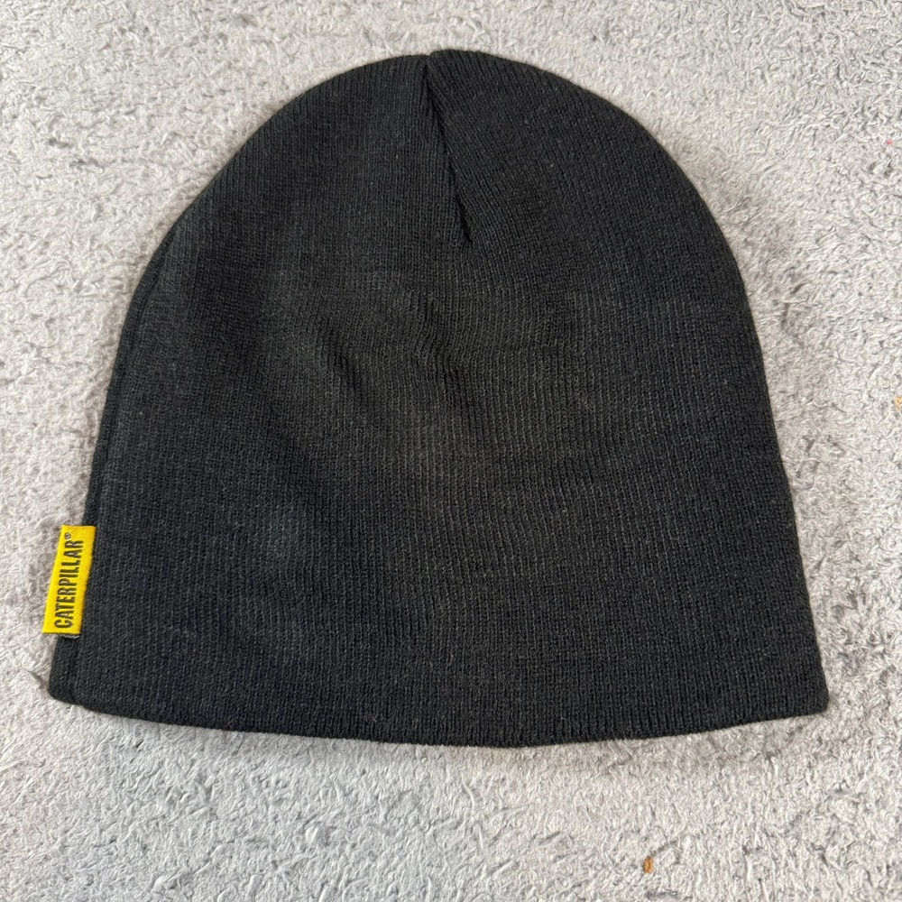 Caterpillar Mens Knit Beanie Hat One Size Black Yellow Logo Workwear BC002397